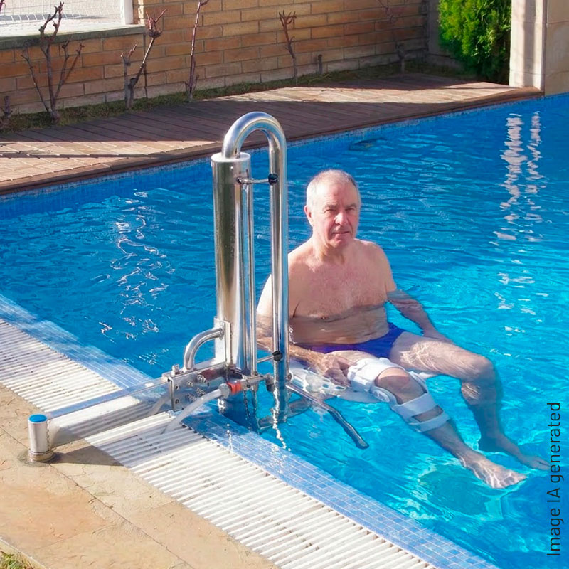 Acceso al agua para todos. elevador piscina en posciion final dentro del agua con usuario. ia imagen